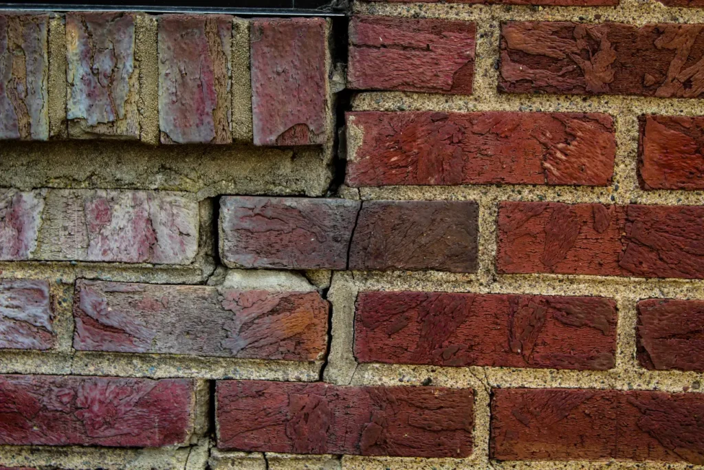 Brick wall showing half completed tuckpointing with contrasting mortar lines